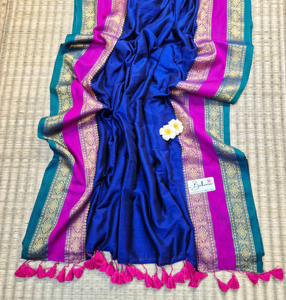 Cotton Galleria | Violet Blue Handwoven Premium Cotton Saree with Golden Zari Kanchi Border