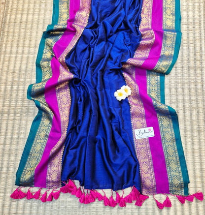 Cotton Galleria | Violet Blue Handwoven Premium Cotton Saree with Golden Zari Kanchi Border