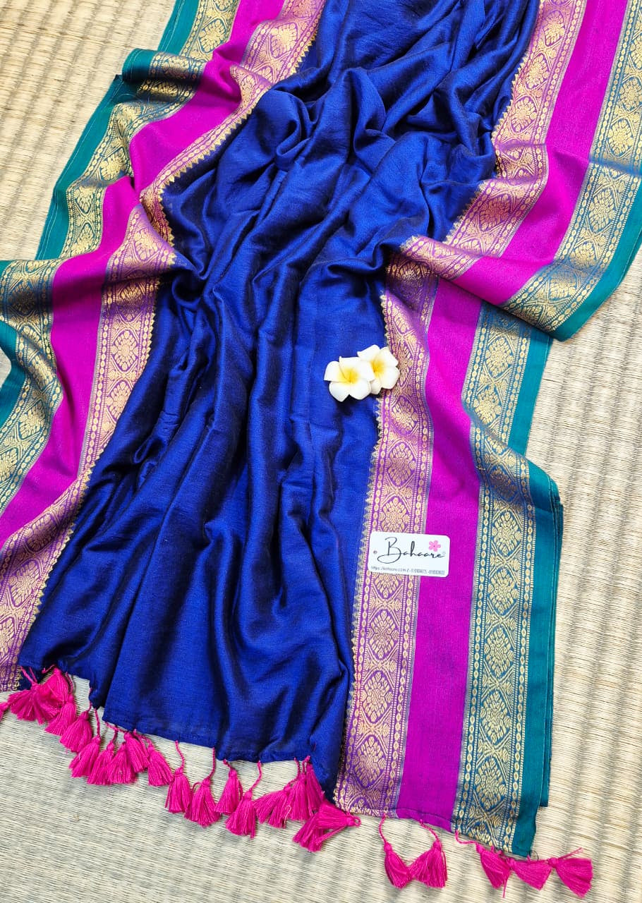 Cotton Galleria | Violet Blue Handwoven Premium Cotton Saree with Golden Zari Kanchi Border