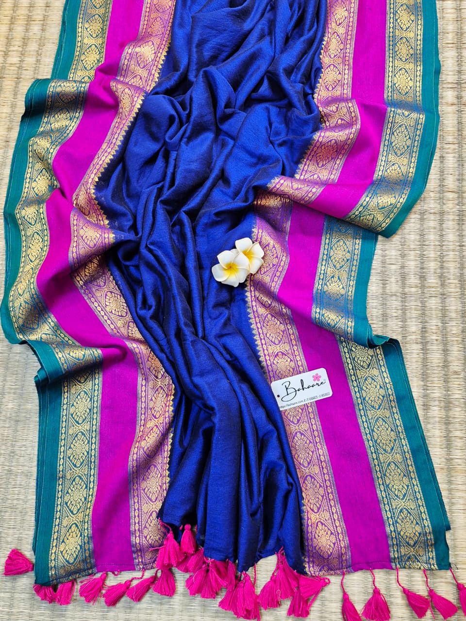 Cotton Galleria | Violet Blue Handwoven Premium Cotton Saree with Golden Zari Kanchi Border