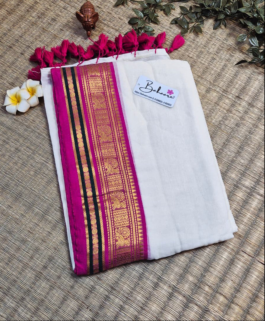 Noor | Pearl Glow Mul Mul Cotton Saree with Pink and Golden Zari Border