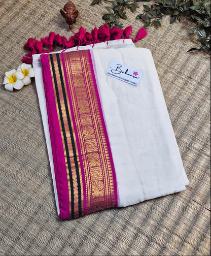 Noor | Pearl Glow Mul Mul Cotton Saree with Pink and Golden Zari Border