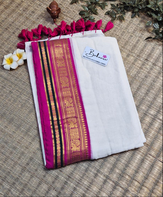 Noor | Pearl Glow Mul Mul Cotton Saree with Pink and Golden Zari Border