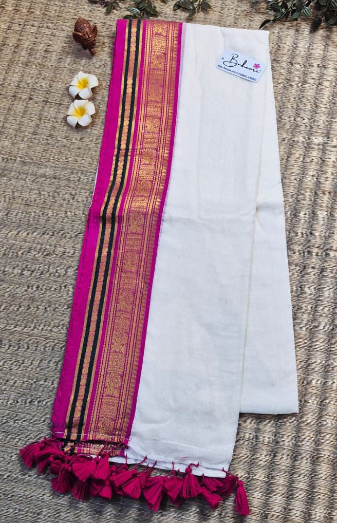 Noor | Pearl Glow Mul Mul Cotton Saree with Pink and Golden Zari Border