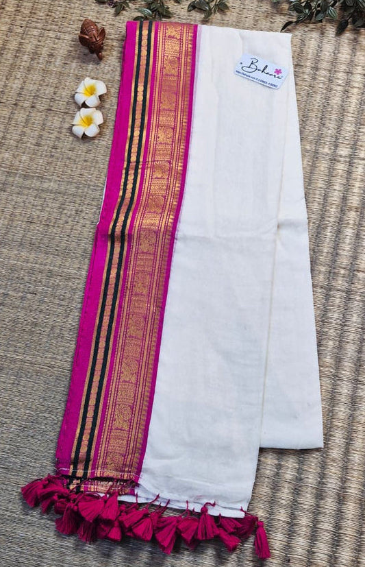 Noor | Pearl Glow Mul Mul Cotton Saree with Pink and Golden Zari Border