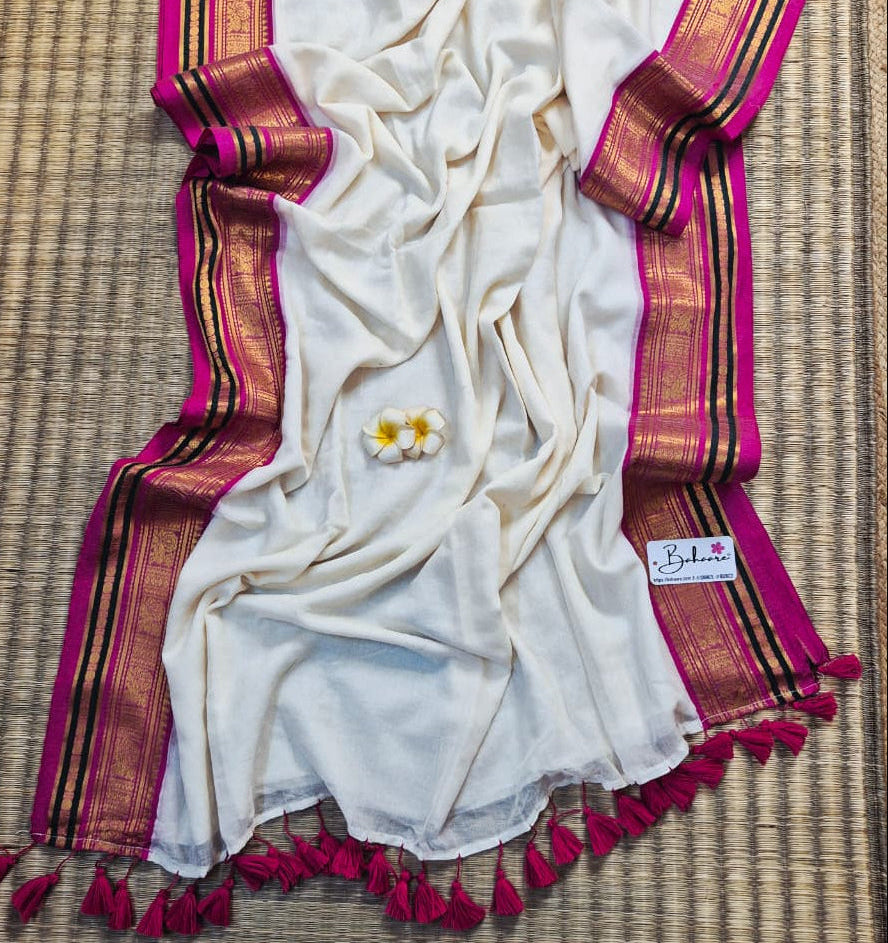 Noor | Pearl Glow Mul Mul Cotton Saree with Pink and Golden Zari Border