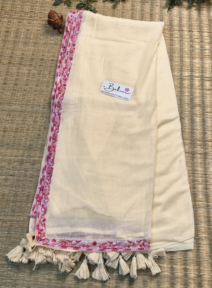 Mohini | Ivory Grace Mul Mul Cotton Saree with Designer Lace
