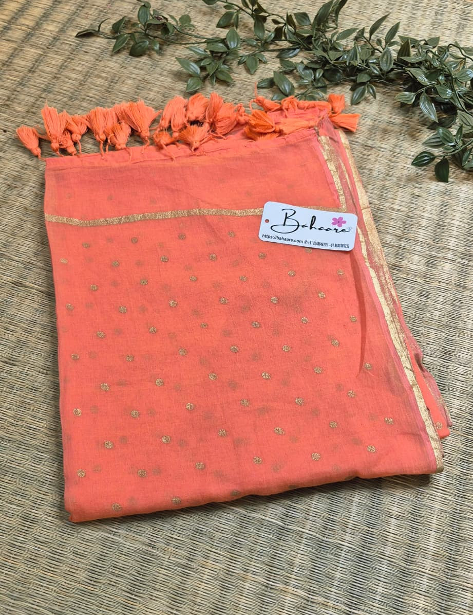 Polka Passion | Dark Peach Mul Mul Cotton Saree with Golden Polka Dots
