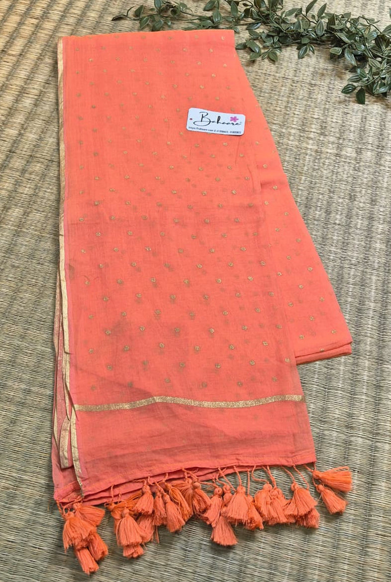 Polka Passion | Dark Peach Mul Mul Cotton Saree with Golden Polka Dots