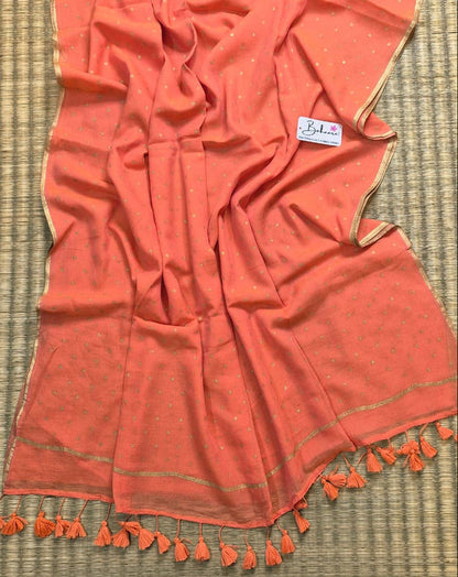 Polka Passion | Dark Peach Mul Mul Cotton Saree with Golden Polka Dots