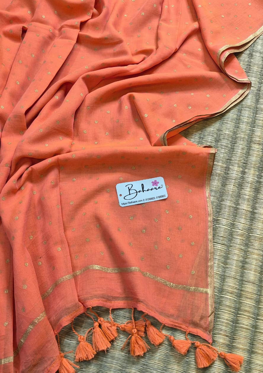 Polka Passion | Dark Peach Mul Mul Cotton Saree with Golden Polka Dots