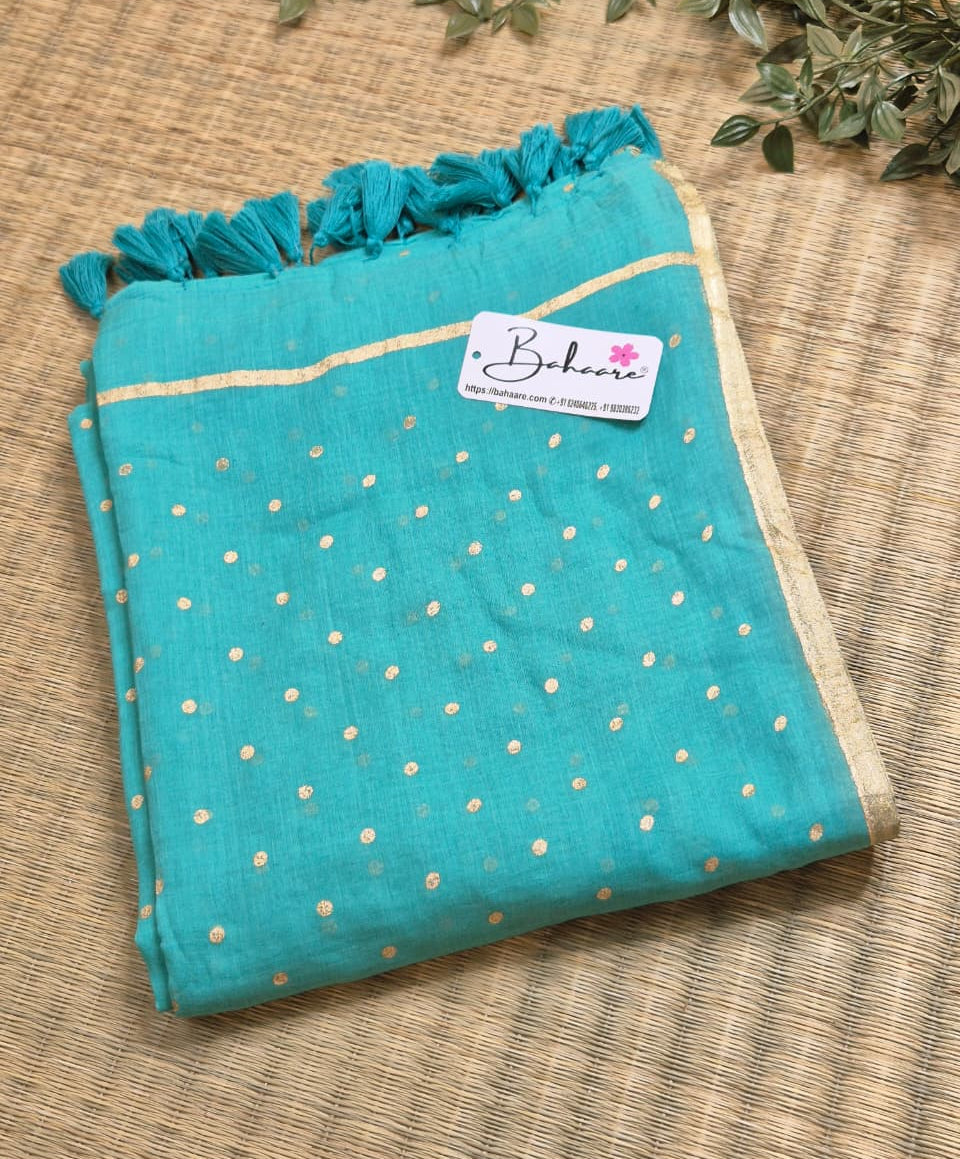 Polka Passion | Mor Blue Mul Mul Cotton Saree with Golden Polka Dots