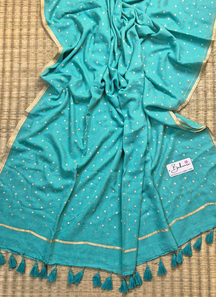 Polka Passion | Mor Blue Mul Mul Cotton Saree with Golden Polka Dots