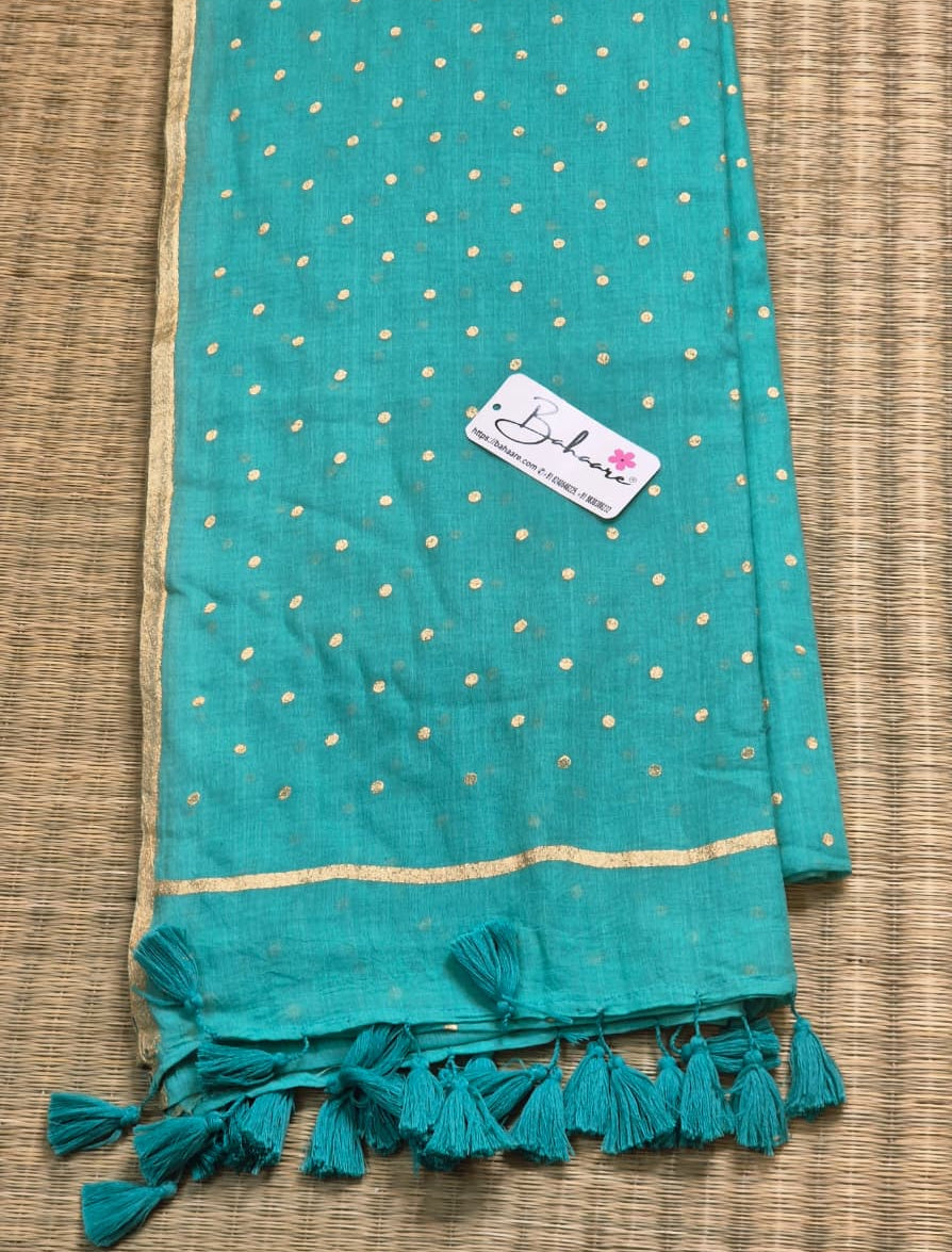 Polka Passion | Mor Blue Mul Mul Cotton Saree with Golden Polka Dots