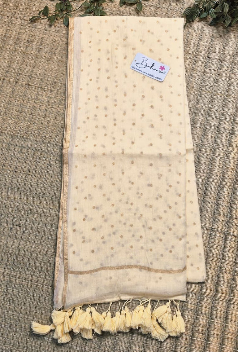 Polka Passion | Latte Cream Mul Mul Cotton Saree with Golden Polka Dots