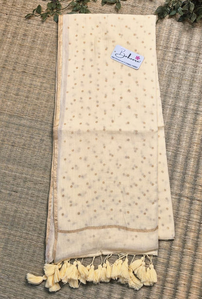 Polka Passion | Latte Cream Mul Mul Cotton Saree with Golden Polka Dots