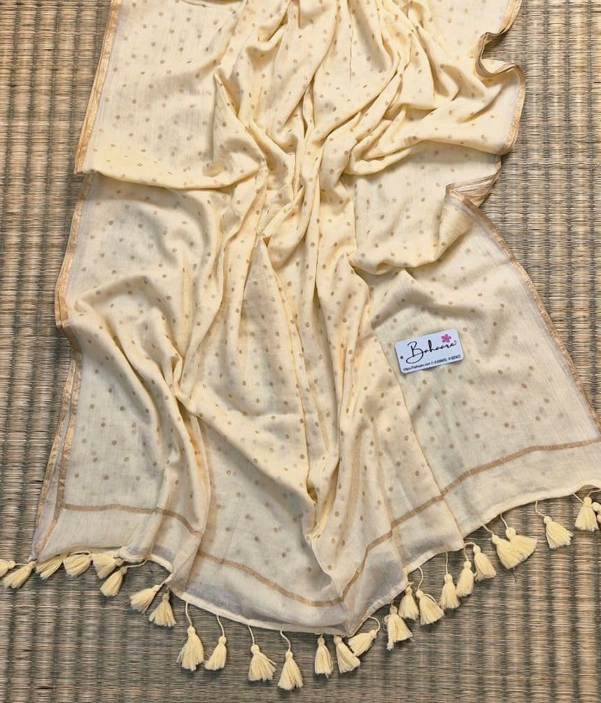 Polka Passion | Latte Cream Mul Mul Cotton Saree with Golden Polka Dots