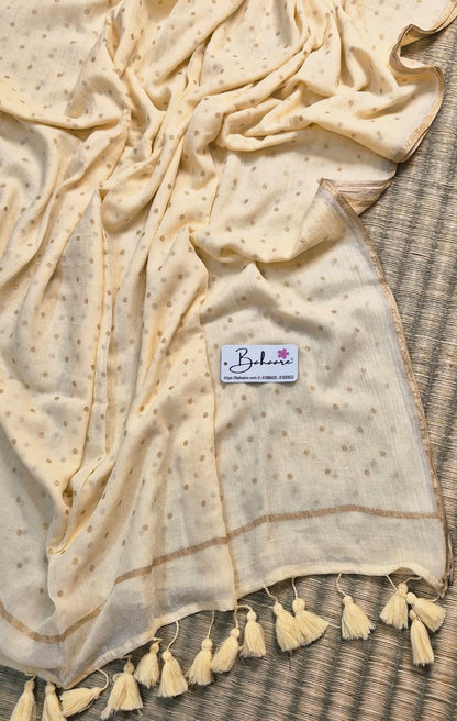 Polka Passion | Latte Cream Mul Mul Cotton Saree with Golden Polka Dots