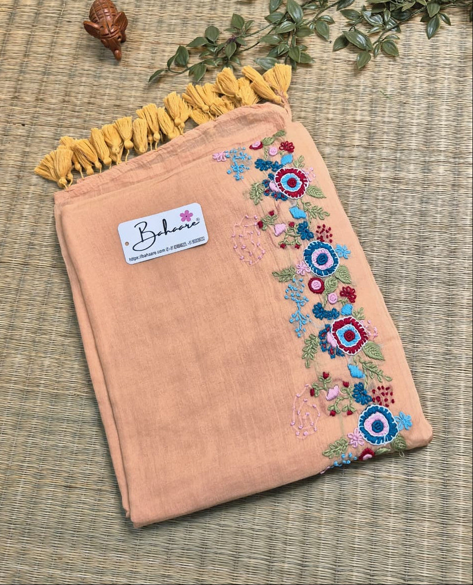 Mohini | Light Peach Mul Mul Cotton Saree with Handcrafted Bullion Stich on Front Top Part