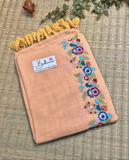 Mohini | Light Peach Mul Mul Cotton Saree with Handcrafted Bullion Stich on Front Top Part