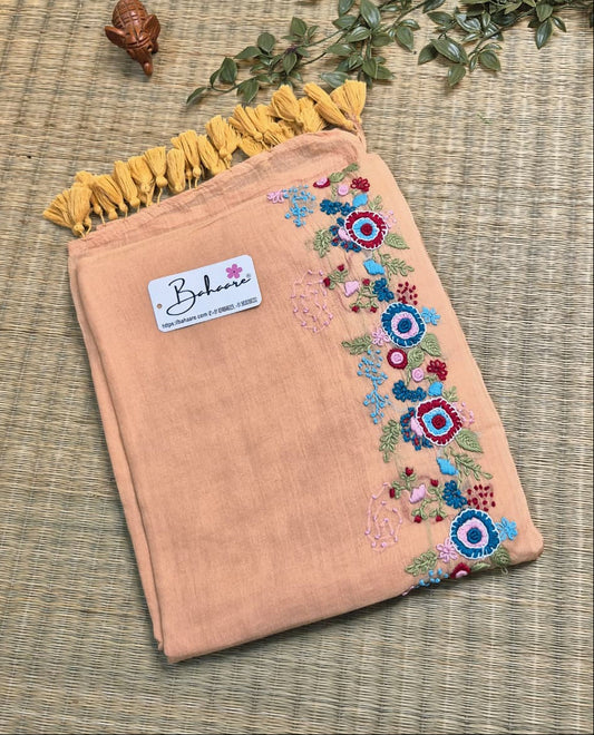 Mohini | Light Peach Mul Mul Cotton Saree with Handcrafted Bullion Stich on Front Top Part