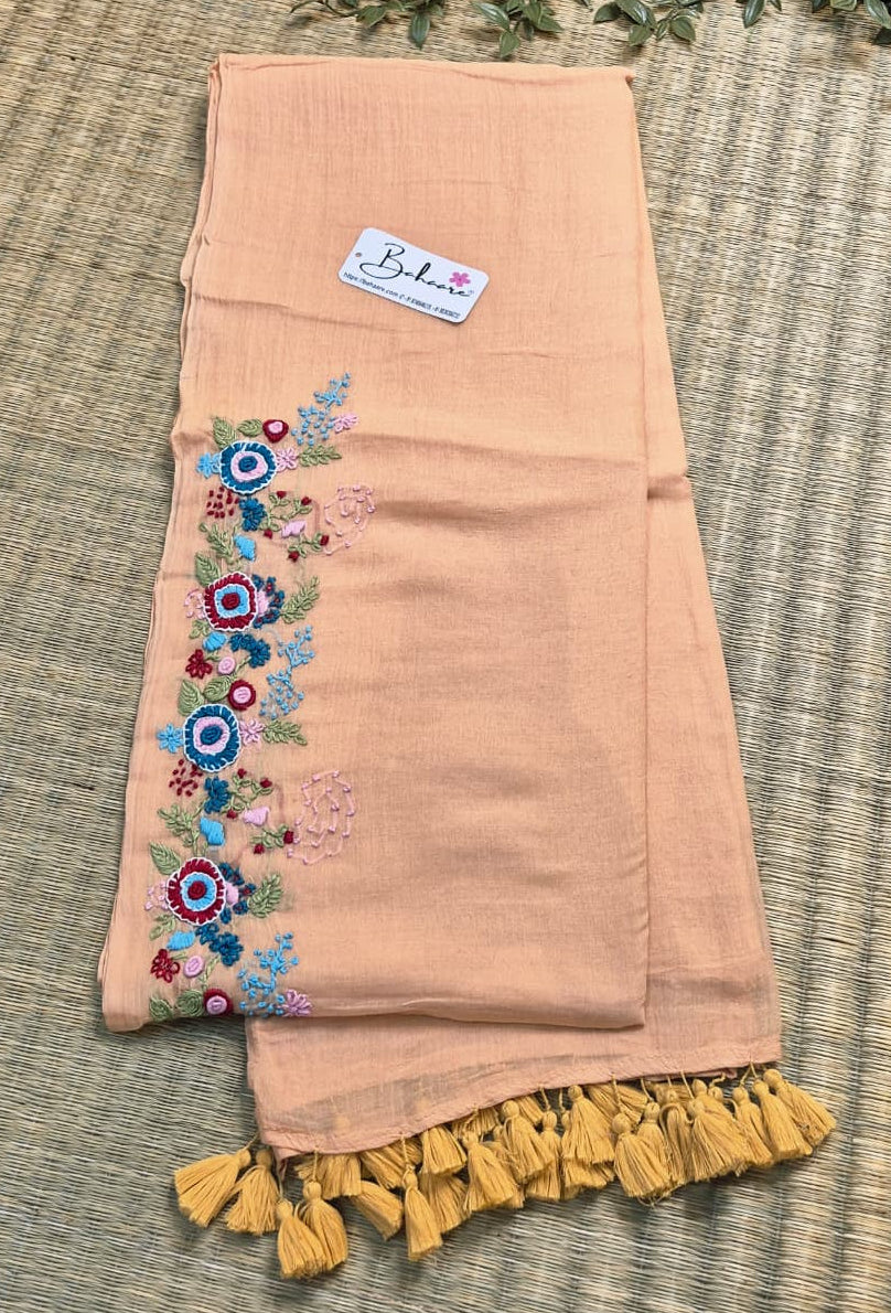Mohini | Light Peach Mul Mul Cotton Saree with Handcrafted Bullion Stich on Front Top Part