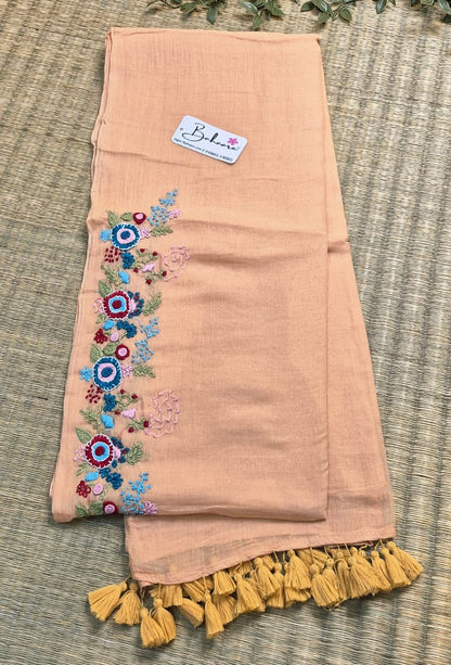 Mohini | Light Peach Mul Mul Cotton Saree with Handcrafted Bullion Stich on Front Top Part