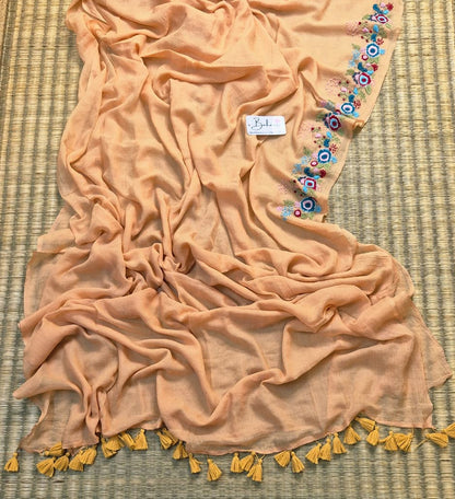 Mohini | Light Peach Mul Mul Cotton Saree with Handcrafted Bullion Stich on Front Top Part