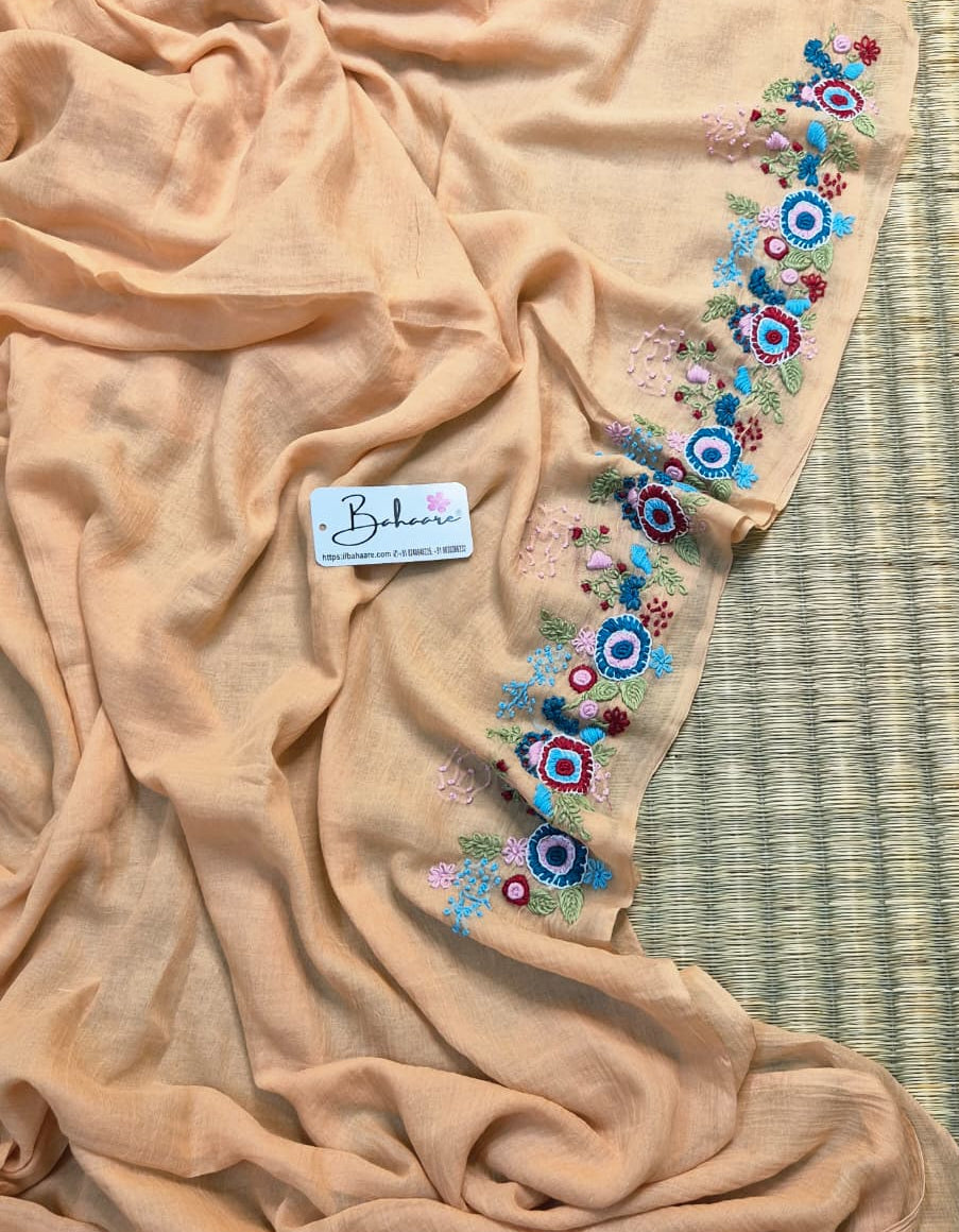 Mohini | Light Peach Mul Mul Cotton Saree with Handcrafted Bullion Stich on Front Top Part