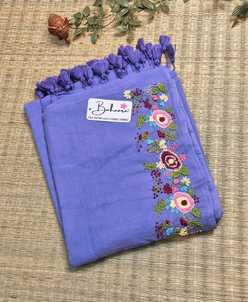 Mohini | Powder Blue Mul Mul Cotton Saree with Handcrafted Bullion Stich on Front Top Part