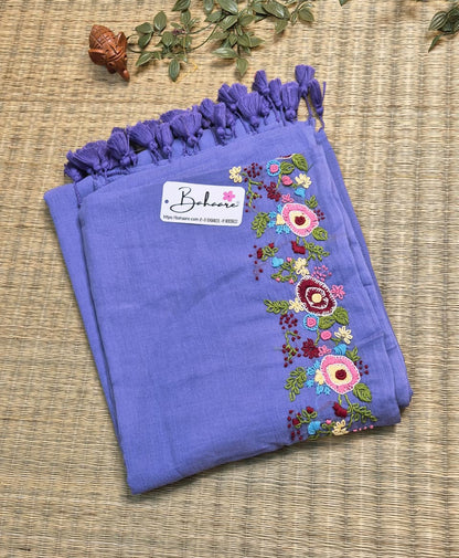 Mohini | Powder Blue Mul Mul Cotton Saree with Handcrafted Bullion Stich on Front Top Part