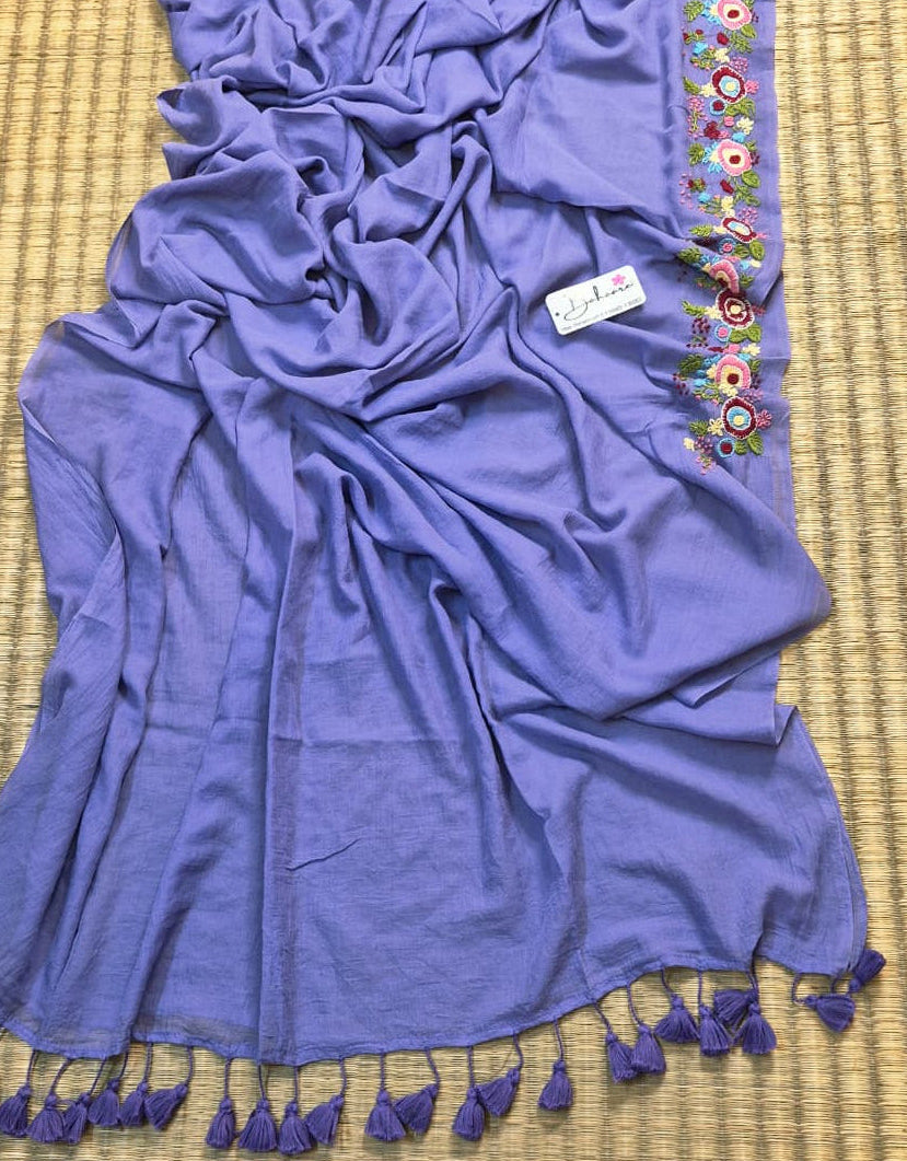 Mohini | Powder Blue Mul Mul Cotton Saree with Handcrafted Bullion Stich on Front Top Part