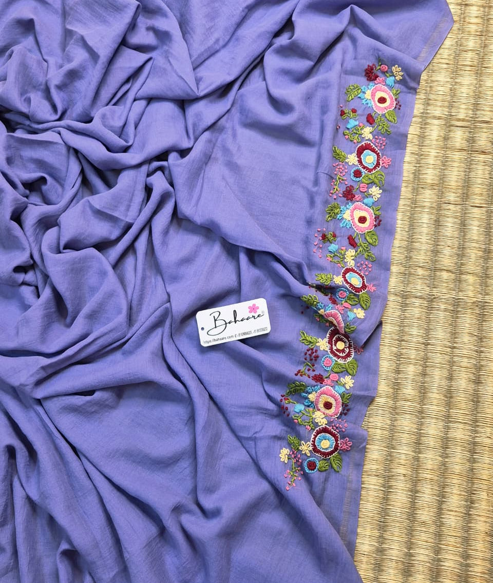 Mohini | Powder Blue Mul Mul Cotton Saree with Handcrafted Bullion Stich on Front Top Part