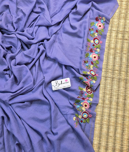 Mohini | Powder Blue Mul Mul Cotton Saree with Handcrafted Bullion Stich on Front Top Part