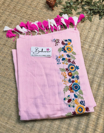 Mohini | Fresh Pink Mul Mul Cotton Saree with Handcrafted Bullion Stich on Front Top Part