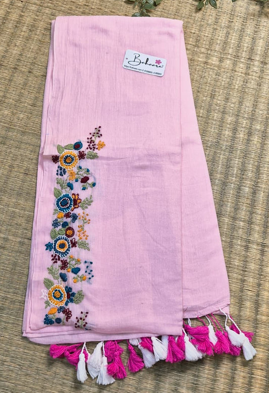 Mohini | Fresh Pink Mul Mul Cotton Saree with Handcrafted Bullion Stich on Front Top Part