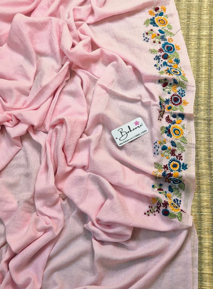 Mohini | Fresh Pink Mul Mul Cotton Saree with Handcrafted Bullion Stich on Front Top Part