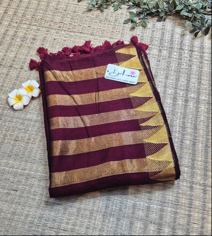 Cotton Galleria | Classic Maroon Handwoven Premium Cotton Saree with Temple Zari Border