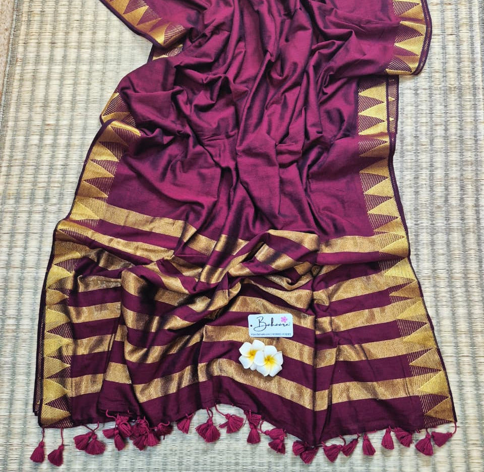 Cotton Galleria | Classic Maroon Handwoven Premium Cotton Saree with Temple Zari Border