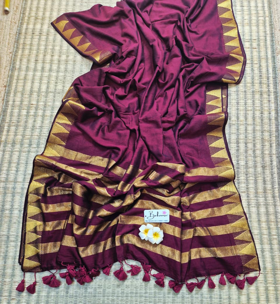 Cotton Galleria | Classic Maroon Handwoven Premium Cotton Saree with Temple Zari Border