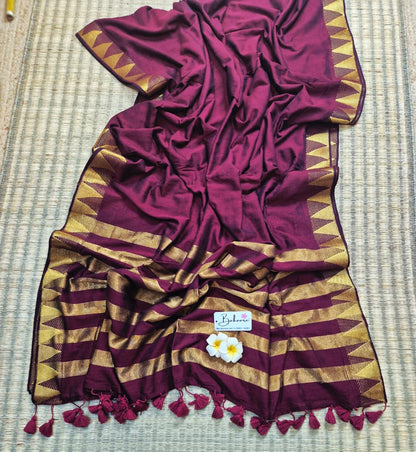 Cotton Galleria | Classic Maroon Handwoven Premium Cotton Saree with Temple Zari Border