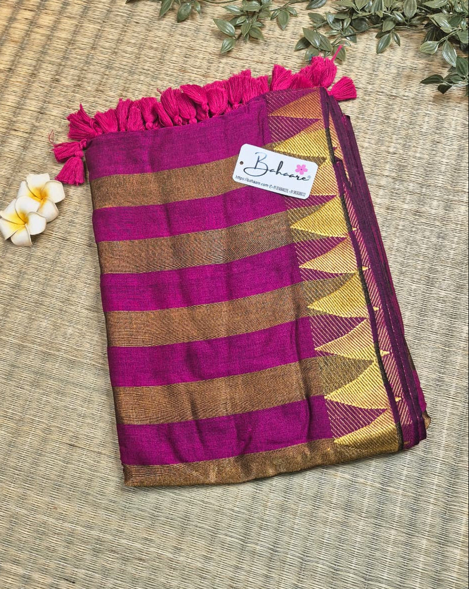 Cotton Galleria | Orchid Pink Handwoven Premium Cotton Saree with Temple Zari Border
