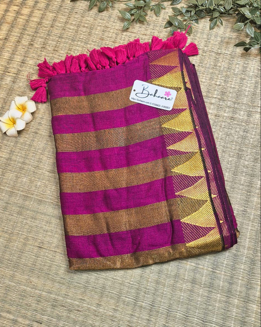 Cotton Galleria | Orchid Pink Handwoven Premium Cotton Saree with Temple Zari Border