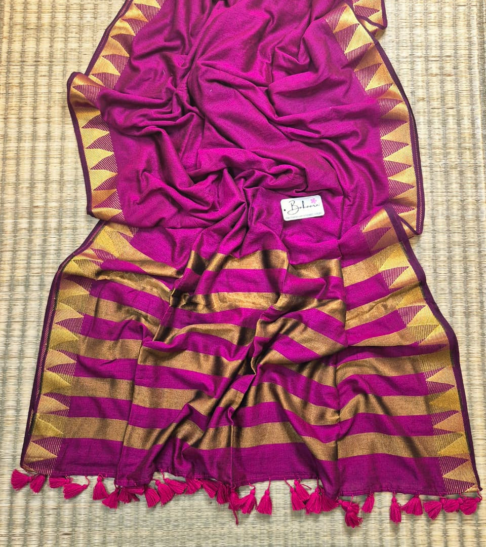 Cotton Galleria | Orchid Pink Handwoven Premium Cotton Saree with Temple Zari Border