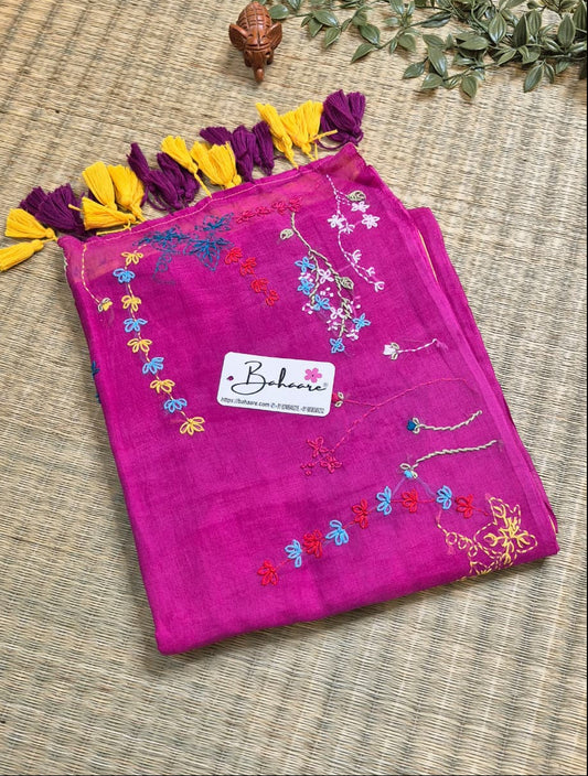 Mohini | Rani Pink and Yellow Mul Mul Cotton Saree with Handcrafted Bullion Stich