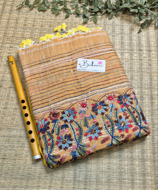 Woodland Whispers | Golden Yellow Linen Saree with Handcrafted Bullion Stich