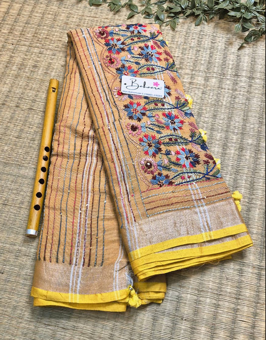 Woodland Whispers | Golden Yellow Linen Saree with Handcrafted Bullion Stich