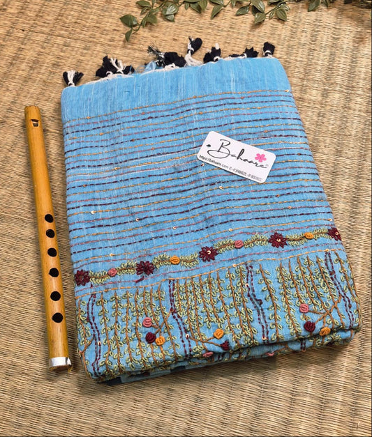 Woodland Whispers | Blue Mist Linen Saree with Handcrafted Bullion Stich
