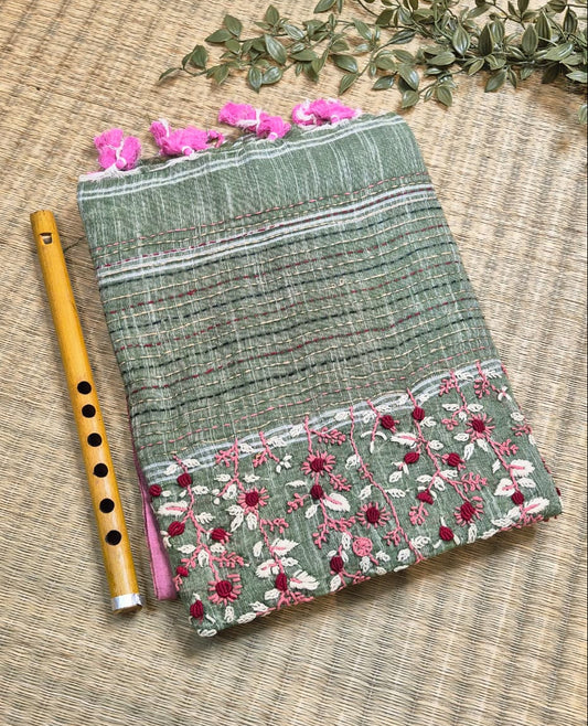 Woodland Whispers | Olive Green Linen Saree with Handcrafted Bullion Stich