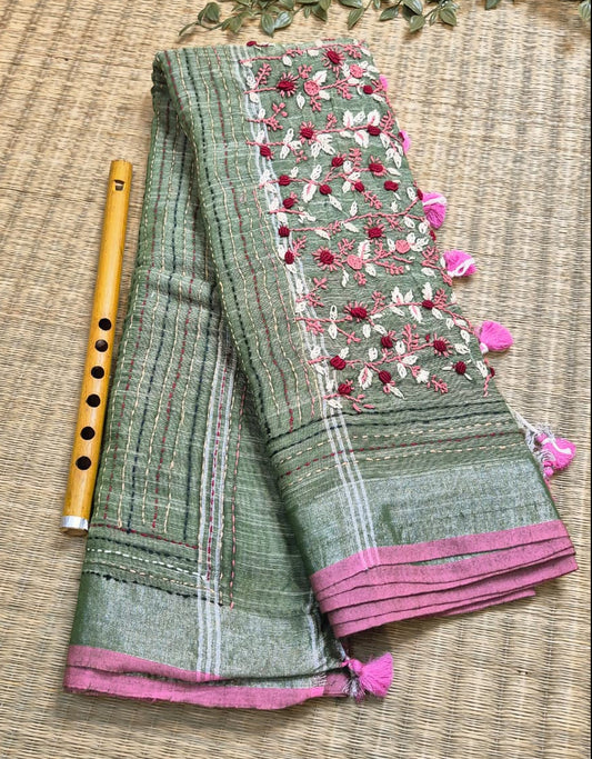 Woodland Whispers | Olive Green Linen Saree with Handcrafted Bullion Stich